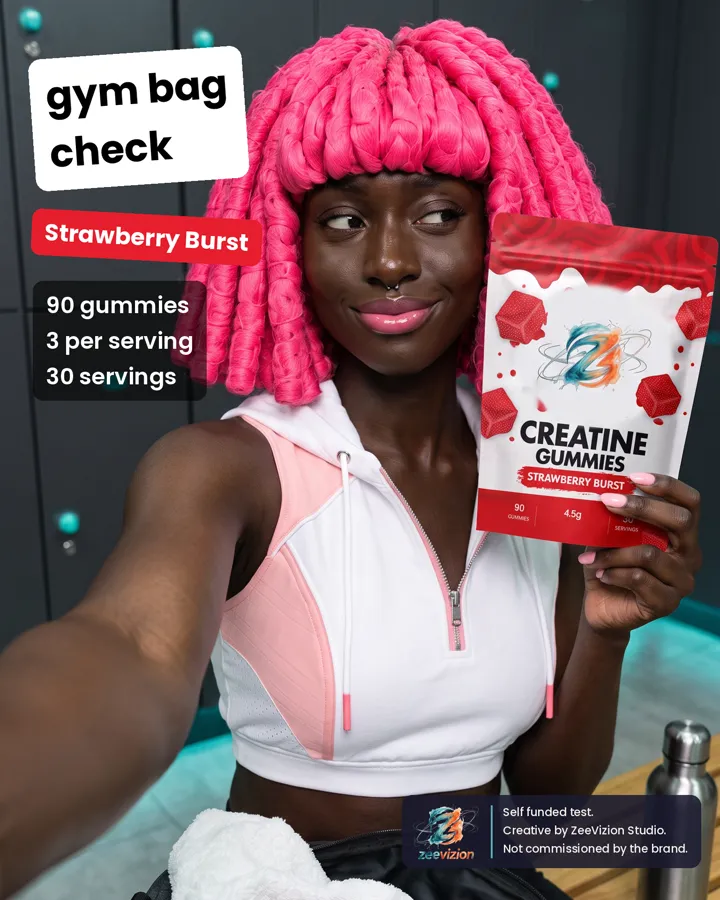 Static ad: gym bag check selfie holding the gummies pouch