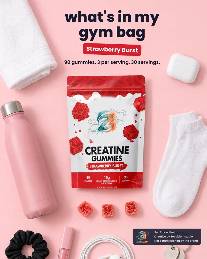 Static ad: what's in my gym bag flat lay with the gummies pouch
